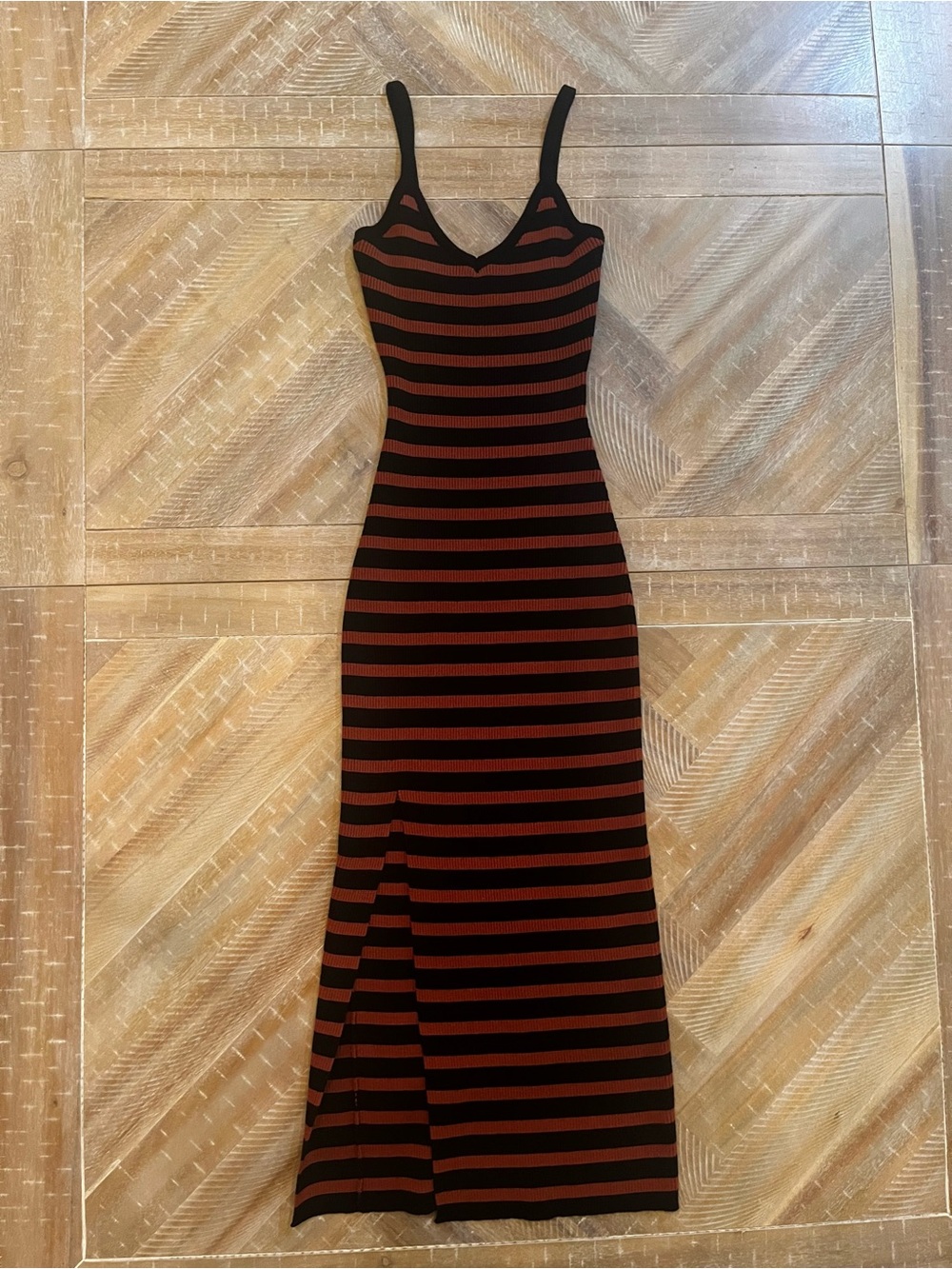 Windsor Black Brown Striped Knit Maxi Dress Size L NWT